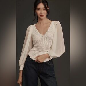 Anthropologie Cream Knit Sweater w Sheer Balloon Sleeves V-Neck Small